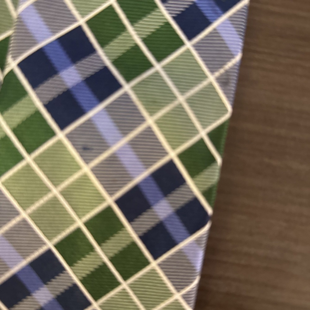 Mens Brothers & Yorks Plaid Necktie Blue Green White Silk Blend Dress Tie - Picture 3 of 4